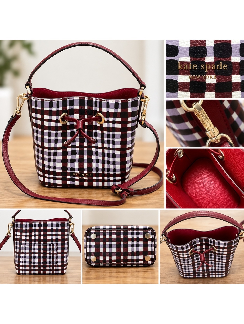 Kate Spade Plaid Check Bucket Bag Burgundy Crossbody Shoulder Bag
